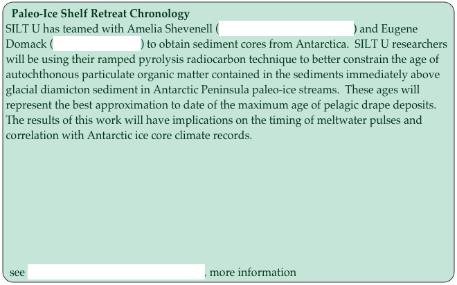 Paleo-Ice Shelf Retreat Chronology
SILT U has teamed with Amelia Shevenell (University of South Florida) and Eugene Domack (Hamilton College) to obtain sediment cores from Antarctica.  SILT U researchers will be using their ramped pyrolysis radiocarbon technique to better constrain the age of autochthonous particulate organic matter contained in the sediments immediately above glacial diamicton sediment in Antarctic Peninsula paleo-ice streams.  These ages will represent the best approximation to date of the maximum age of pelagic drape deposits.  The results of this work will have implications on the timing of meltwater pulses and correlation with Antarctic ice core climate records.  








see Rosenheim et al., 2013, Radiocarbon, more information