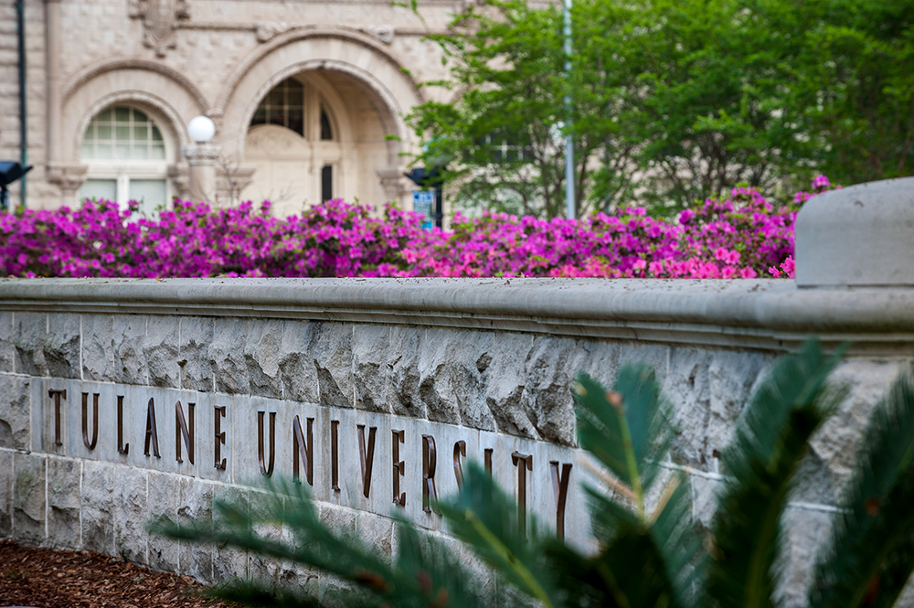 Tulane University sign in front of campus.